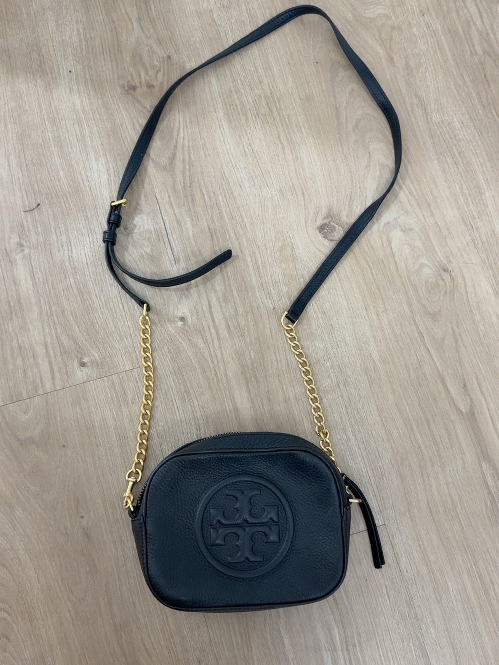 Tory Burch Black Leather Crossbody with Gold Chain Detail